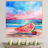 Watercolor Painting of a Watermelon Slice and Strawberry on a Beach at Sunset on Ready to Hang 1.5" Thick Canvas Wrap, Floating Framed Canvas, Flat Rolled Canvas
